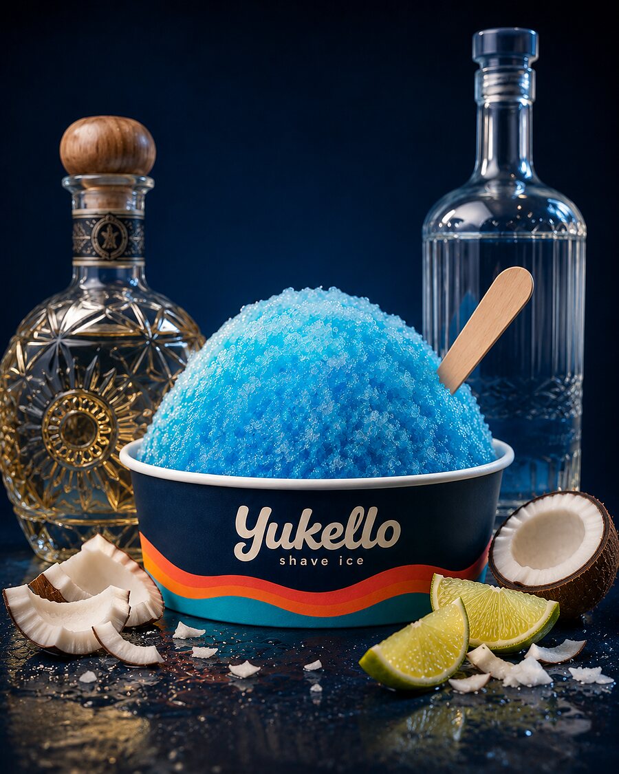 Blue Breeze after dark — electric blue shave ice with coconut, lime and spirit bottles