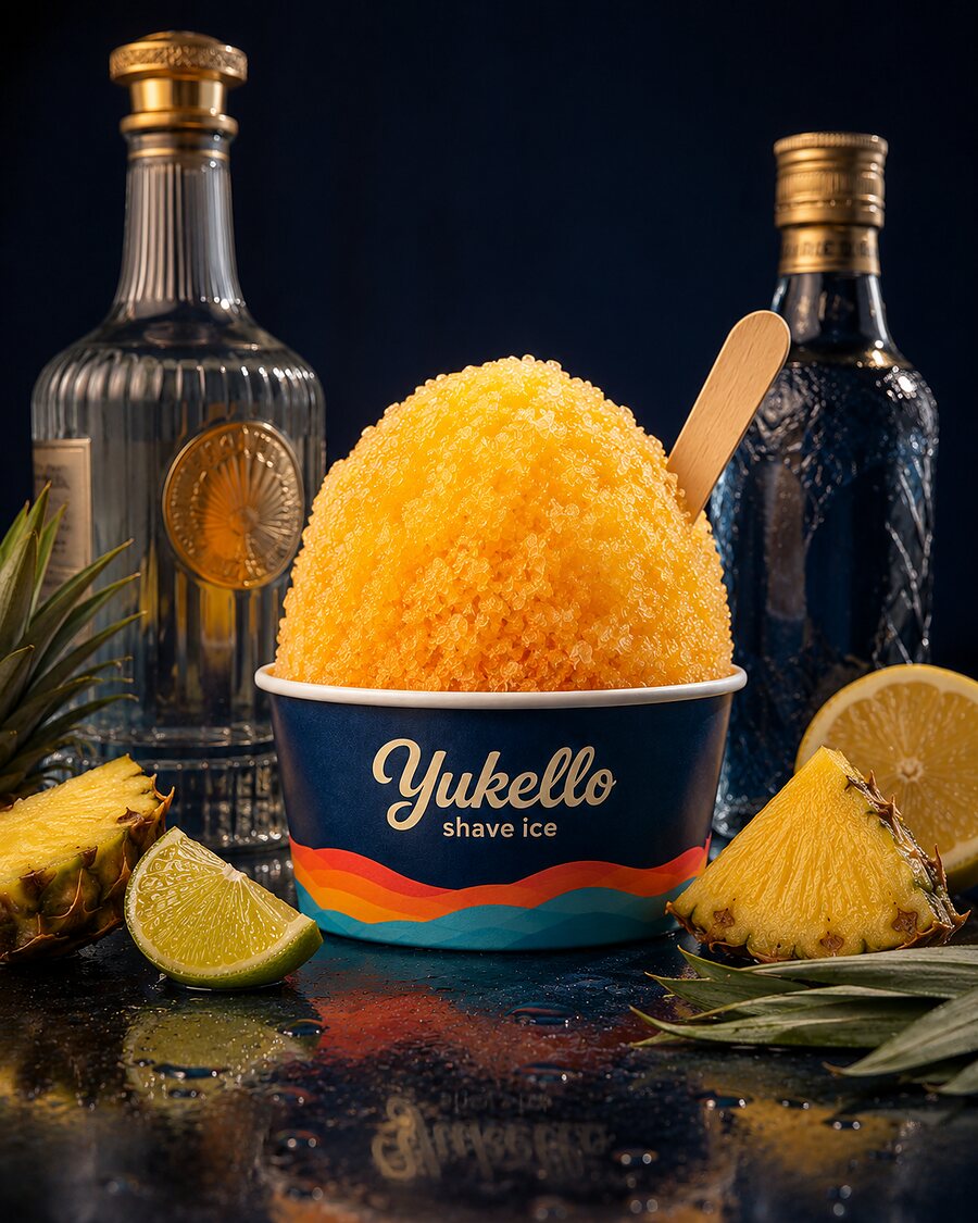 Golden Sunrise after dark — golden passion fruit shave ice with pineapple and spirit bottles