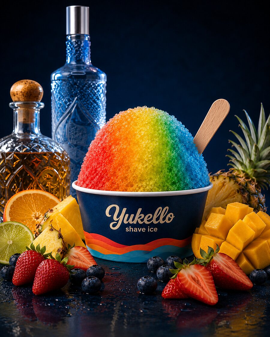 Classic Rainbow after dark — five coloured bands of shave ice with tropical fruit and spirit bottles