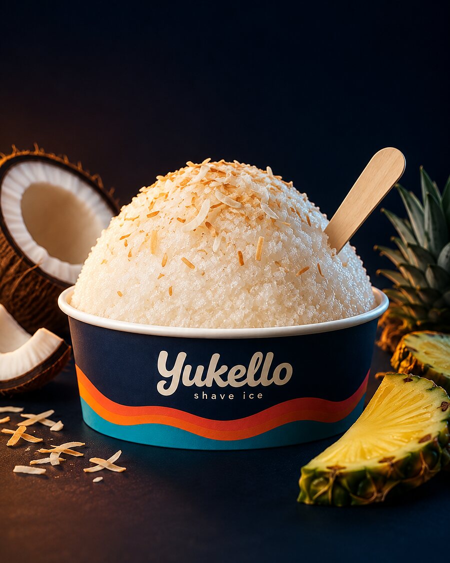 Coconut Cloud after dark — creamy coconut shave ice with toasted flake and pineapple