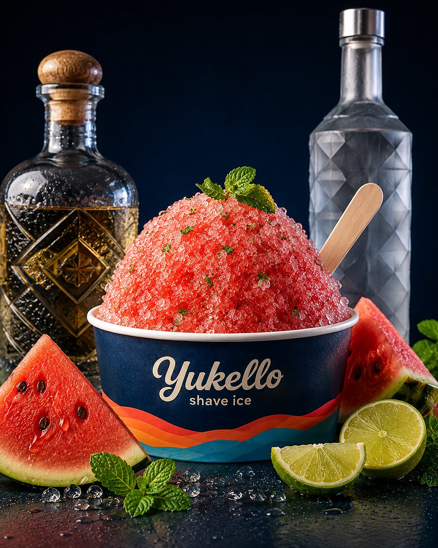 Melon Sunset after dark — watermelon shave ice with fresh watermelon, lime, mint and spirit bottles