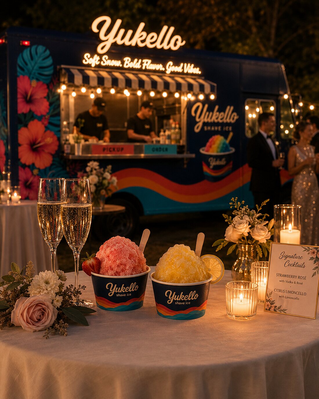 An evening reception table with champagne, candles and colourful Yukello bowls