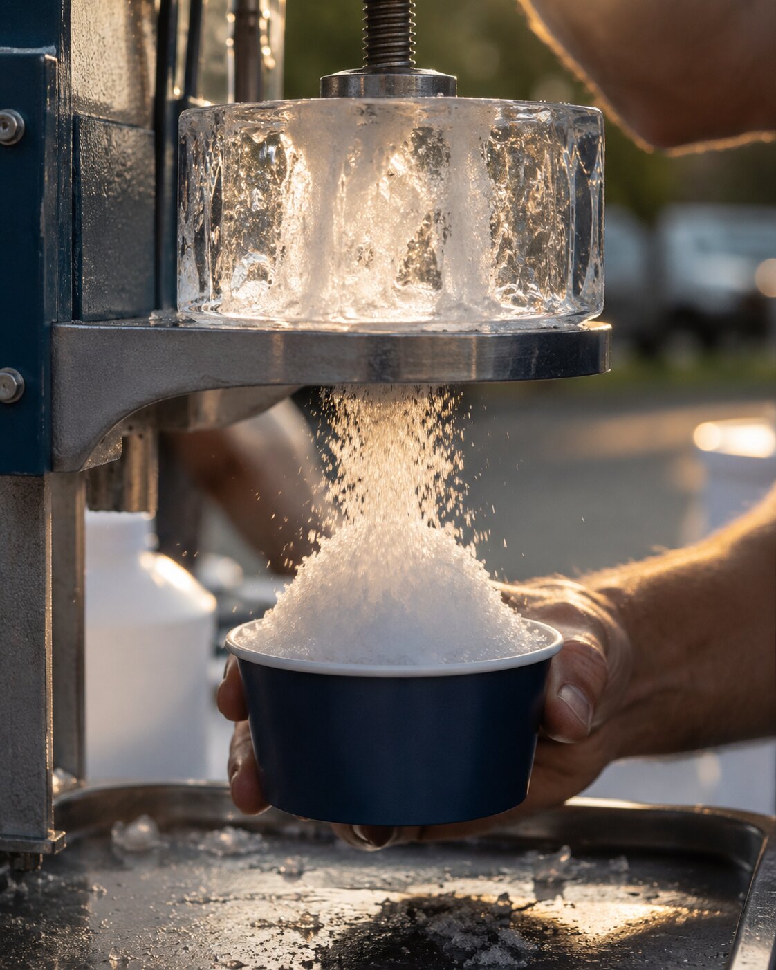 A clear block of ice being shaved into fine snow over a navy bowl