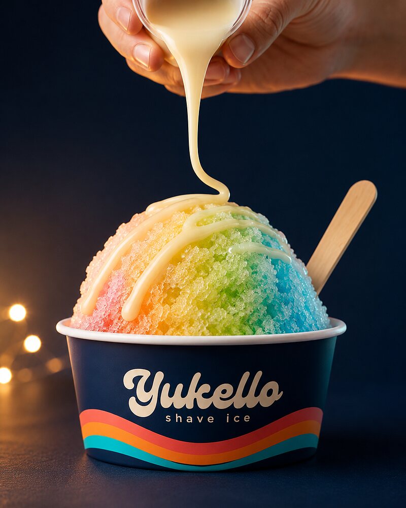 Sweet cream being drizzled over a rainbow shave ice bowl