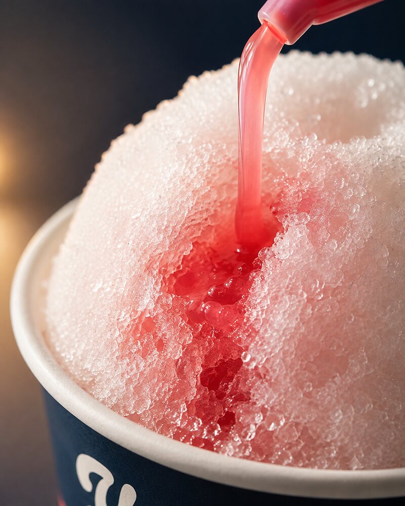 Bright syrup being poured over a dome of white shave ice