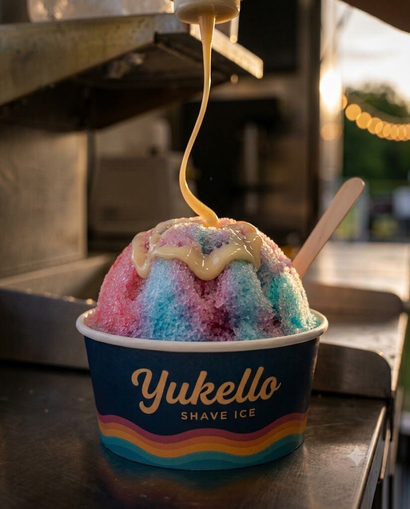 Optional sweet cream drizzled over vivid rainbow syrup bands in an intact branded Yukello shave-ice bowl