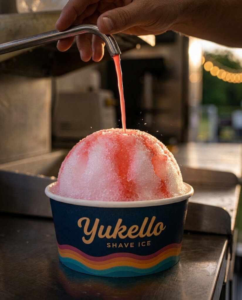 A controlled red fruit-syrup stream soaking into an intact shave-ice dome in a branded Yukello bowl