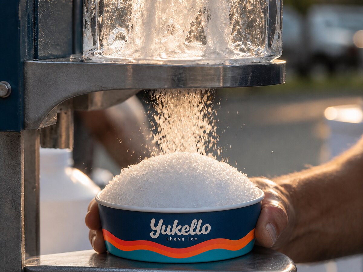 Fresh snow falling from the block-ice shaver into a low, branded Yukello bowl