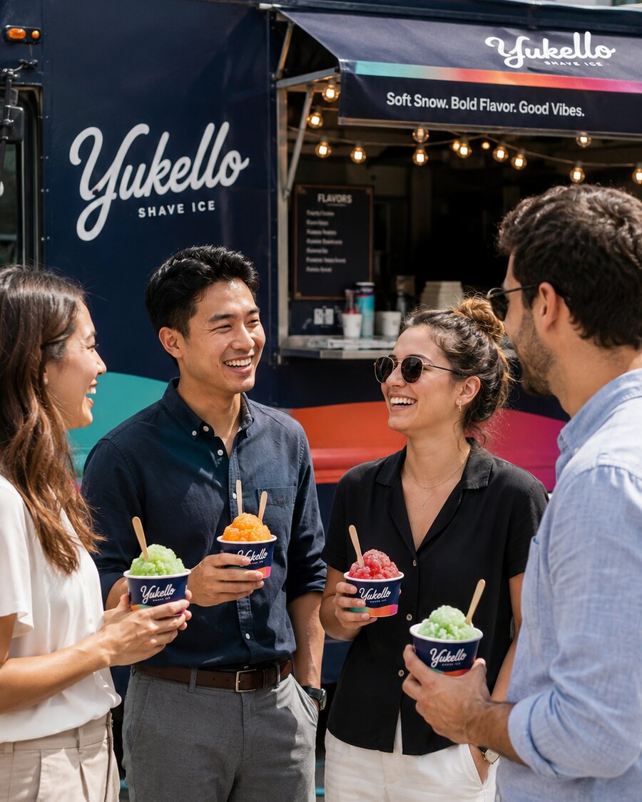 Coworkers sharing colourful Yukello bowls beside the truck at a daytime company event