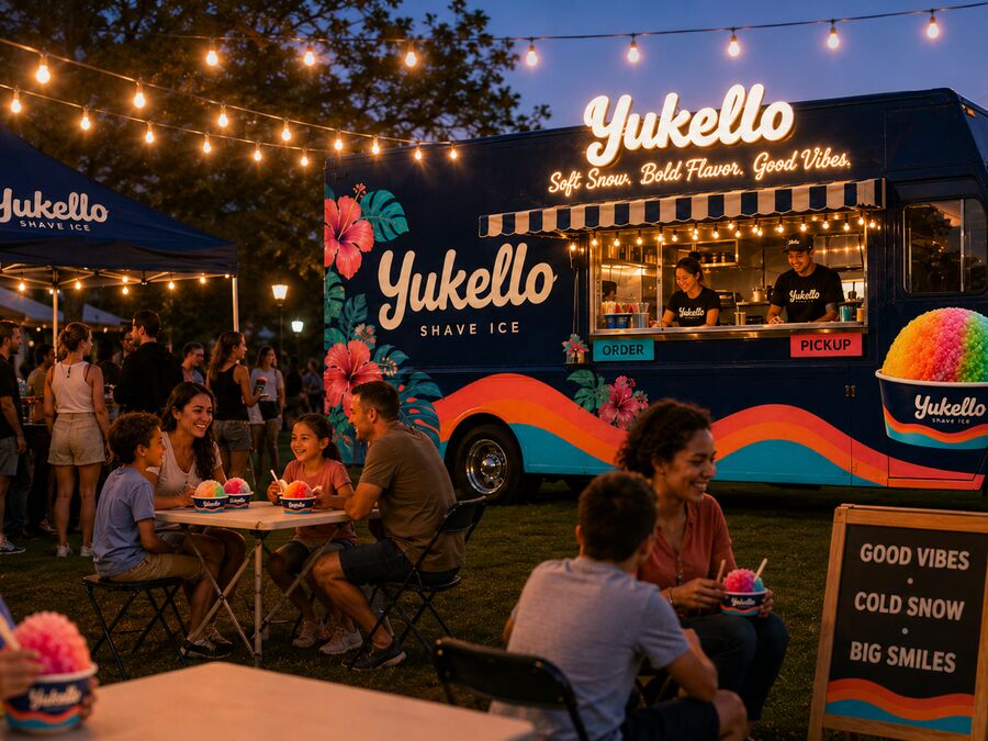 The Yukello truck serving a lively evening event under string lights
