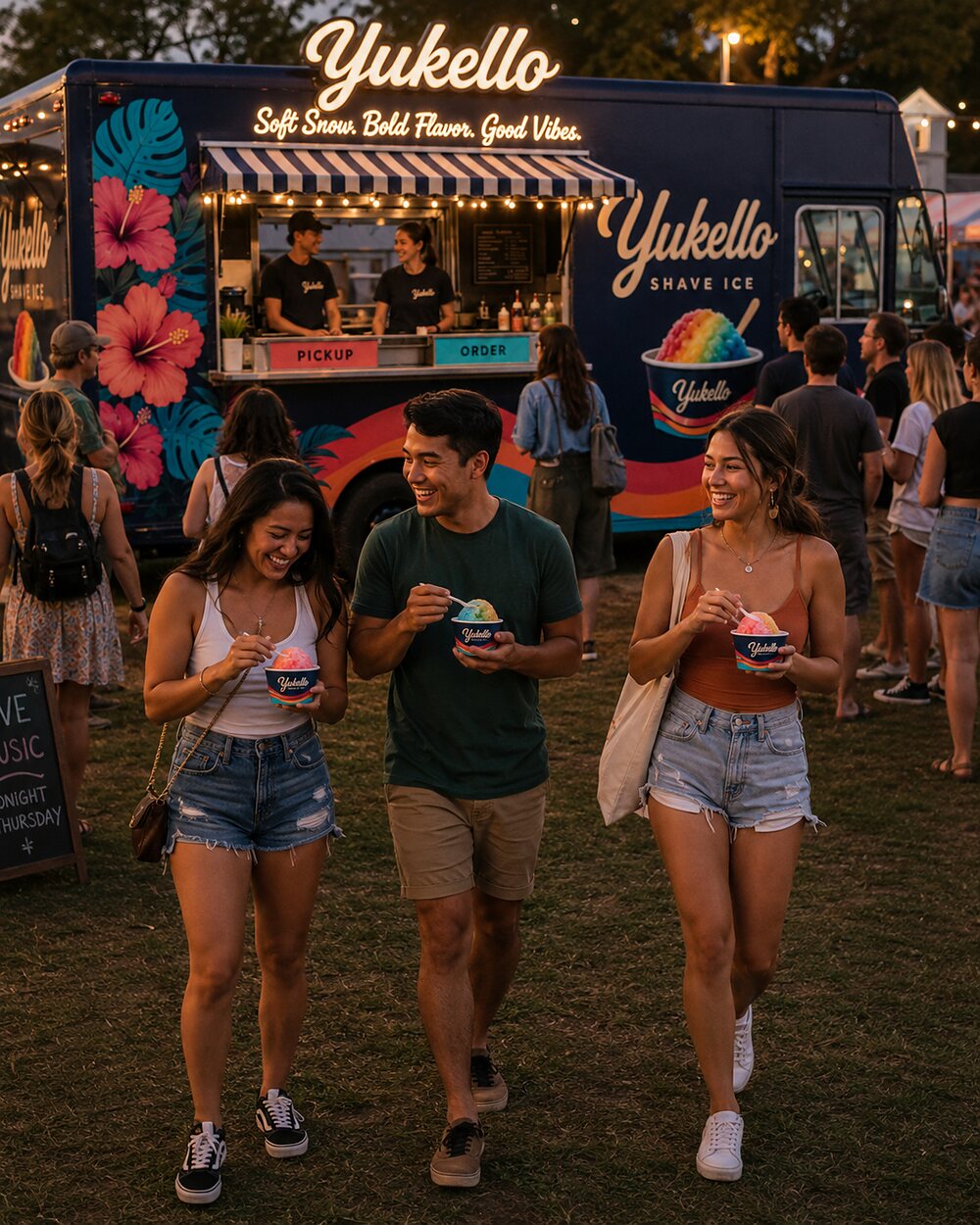 Guests walking through a summer event holding bright Yukello bowls