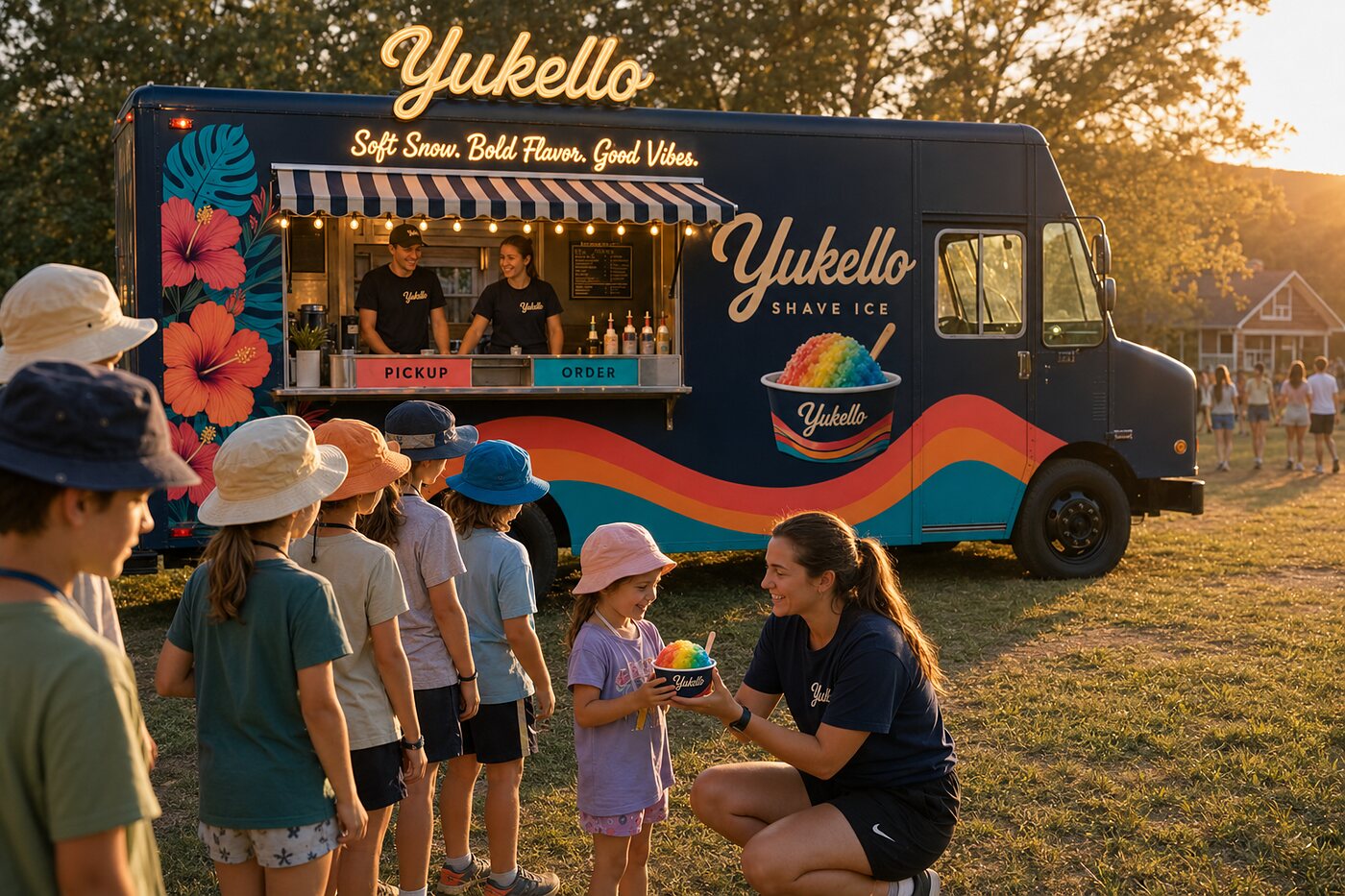 Children lining up at the Yukello truck window on a sunny field
