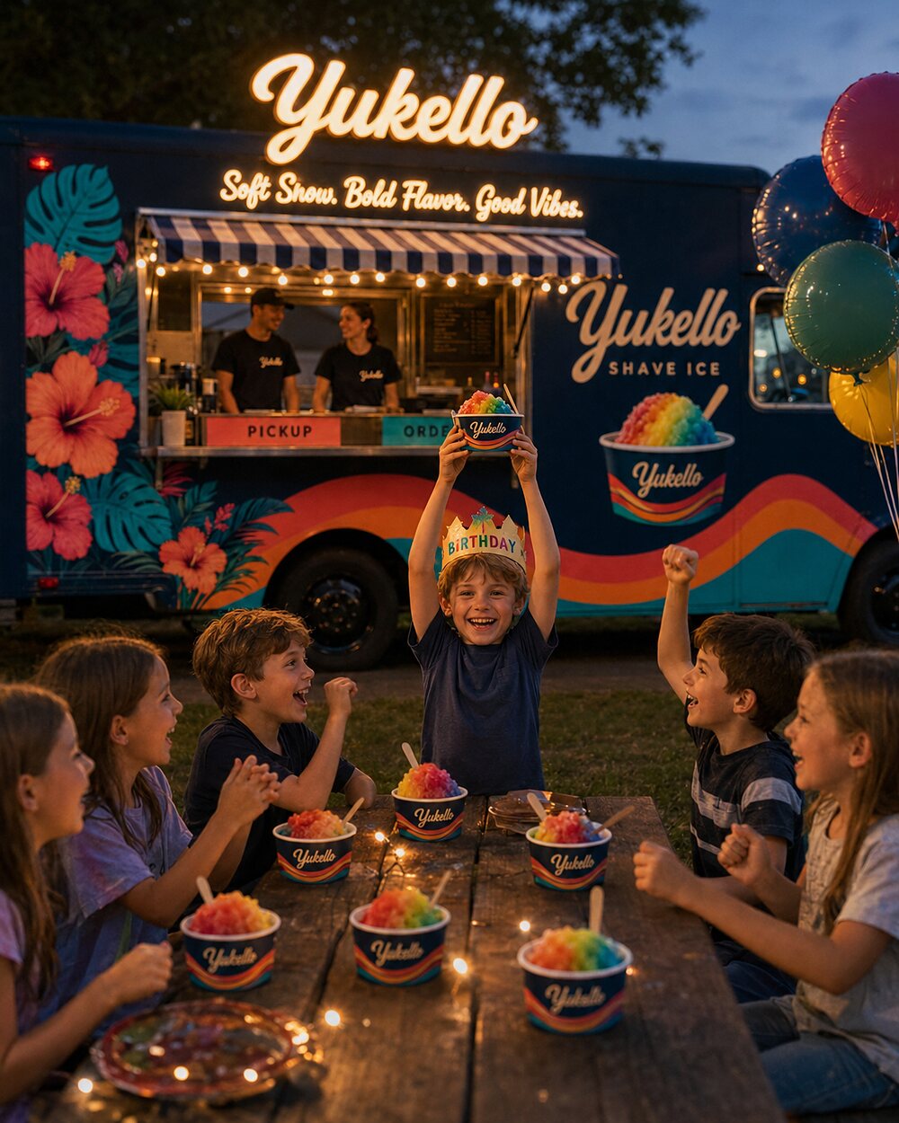 A child holding a rainbow Yukello bowl above their head at a birthday party