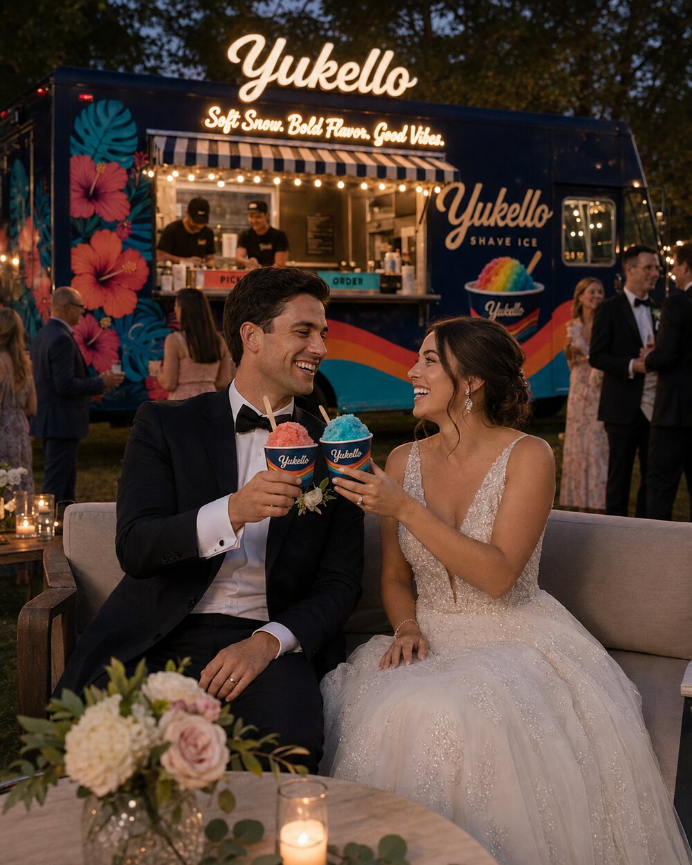 A bride and groom sharing colourful Yukello bowls at an evening reception
