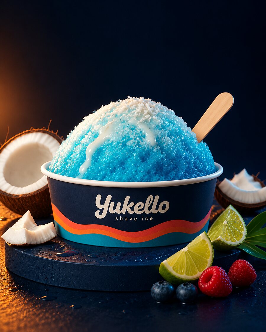 Blue Breeze shave ice — vivid blue snow in a navy Yukello bowl with coconut, lime and berries