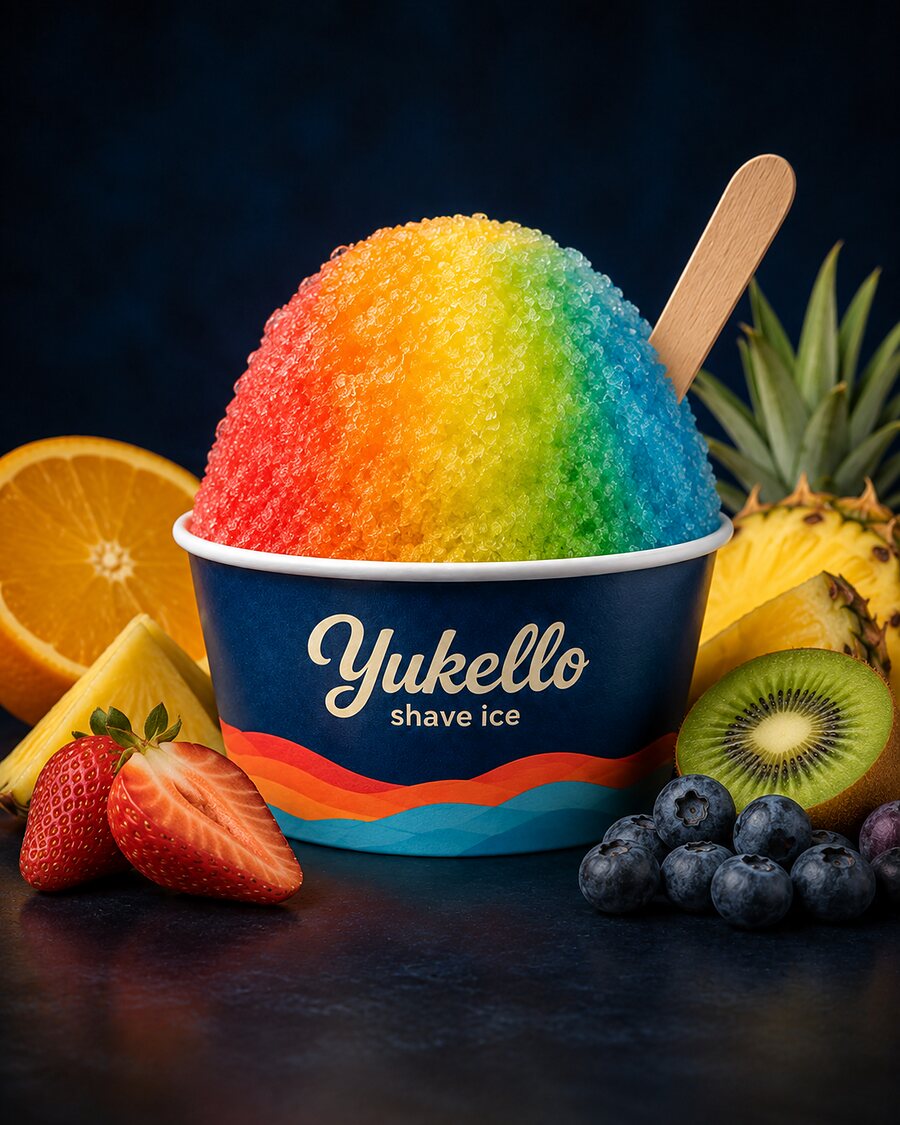 Classic Rainbow shave ice in the official low, wide navy Yukello bowl