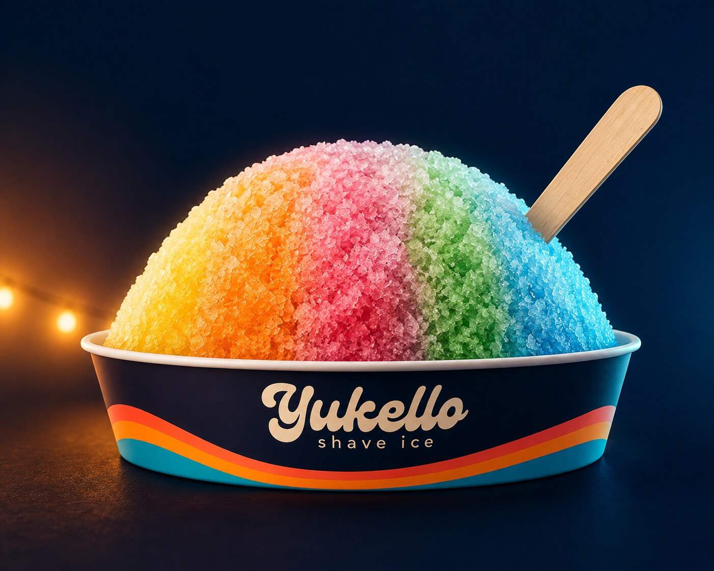Classic Rainbow shave ice in Yukello’s low, wide navy bowl