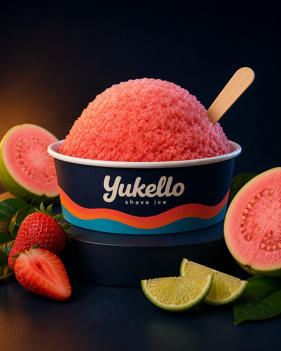 Guava Glow shave ice — deep pink snow in a navy Yukello bowl with guava, strawberry and lime