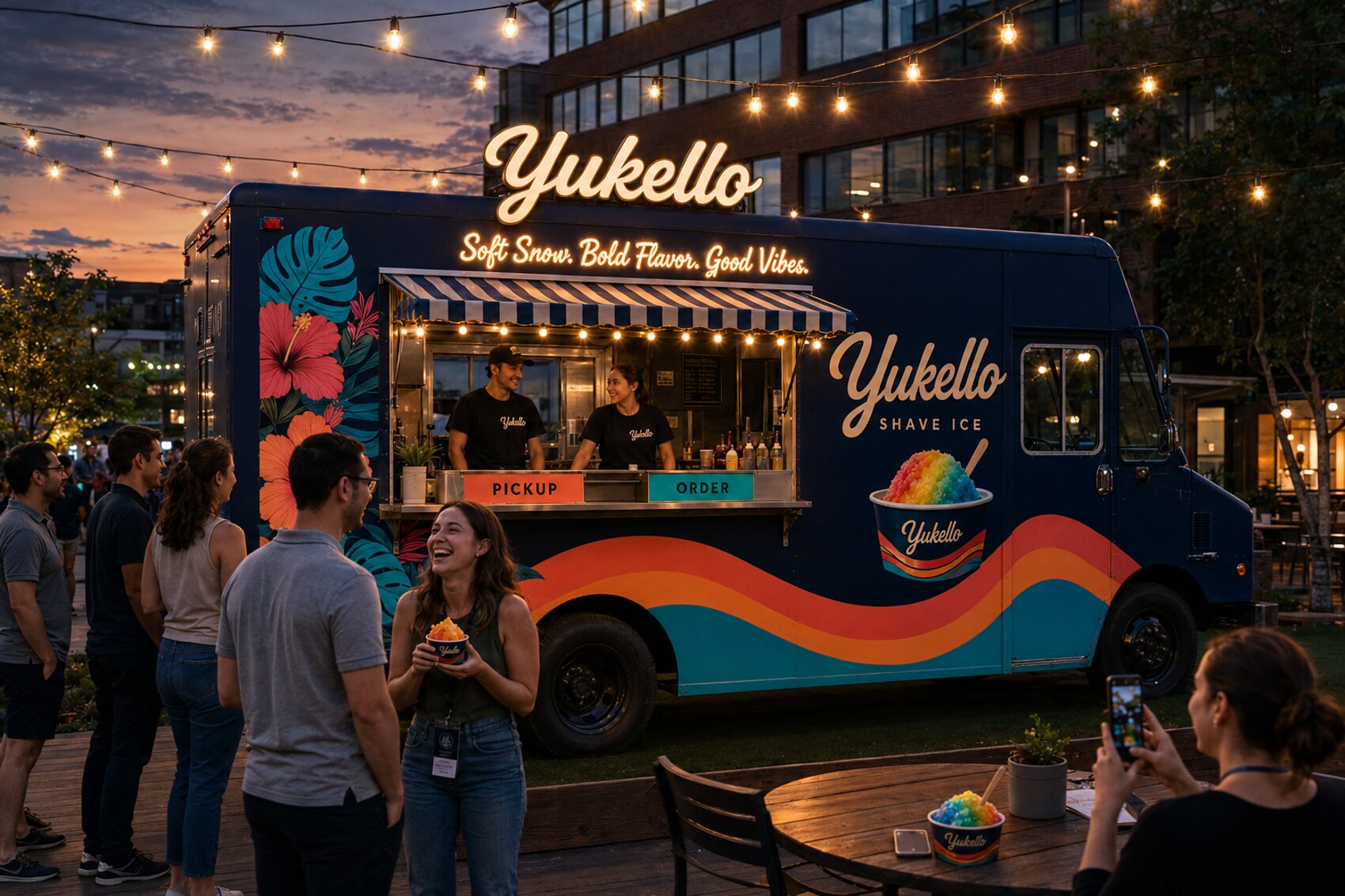 The Yukello truck glowing under string lights at dusk with guests at nearby tables