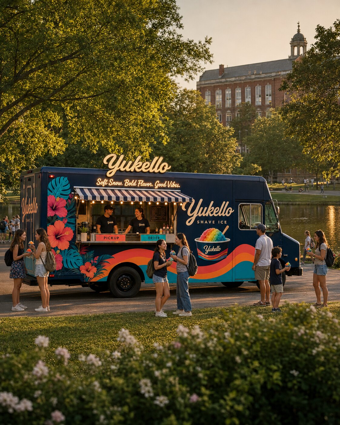 The Yukello truck serving guests at a summer park gathering